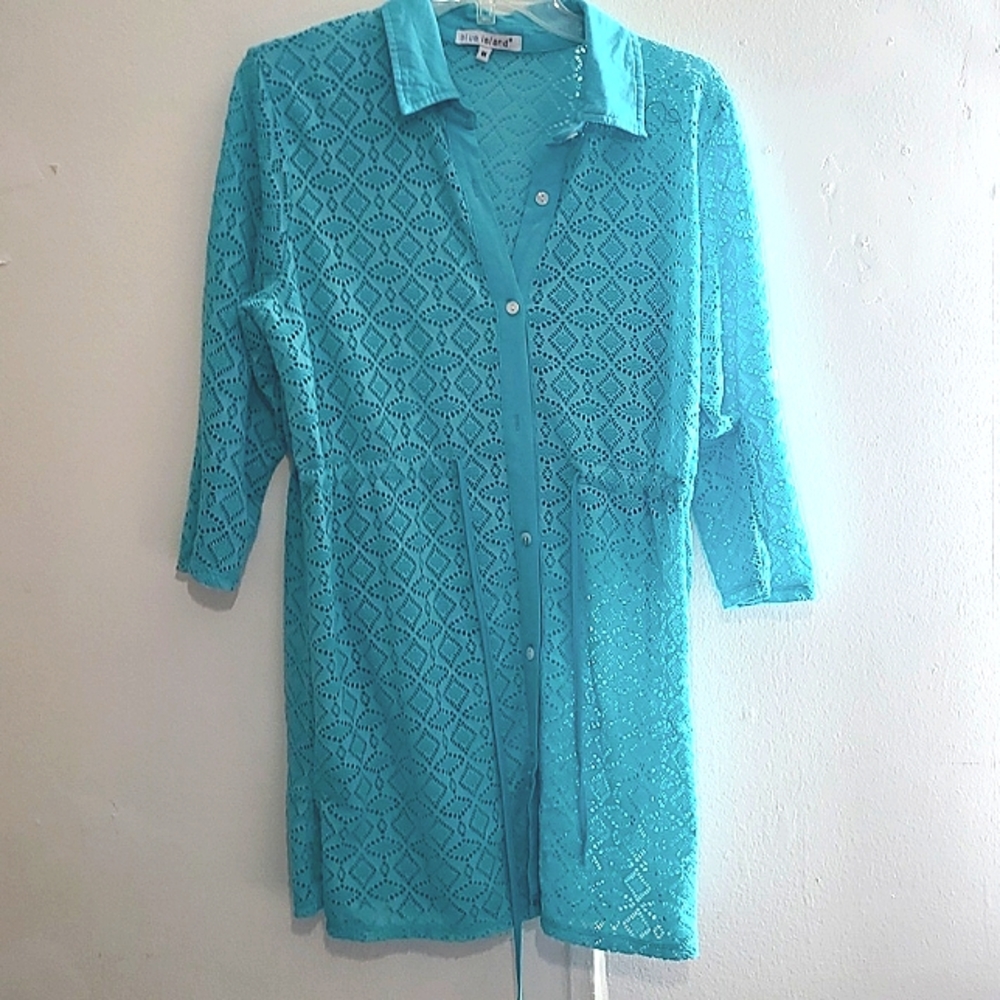 #67 BLUE ISLAND VINTAGE WOMEN'S BEACH COVER UP BOTTON DOWN COLOR OCEAN SIZE MED